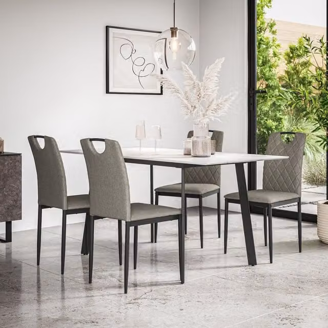 More4Homes Haydon Extending Dining Table and Monza Linen Dining Chair Set, White Marble Effect Table Top with Black Legs and 4 Grey Chairs, W/D/H: 120 x 80 x 76 cm