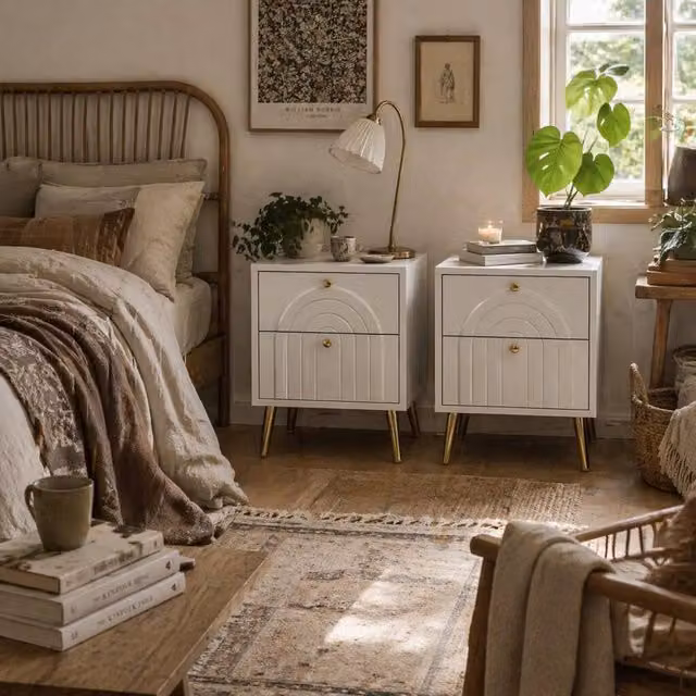Wyld Haus Leri Kama Set of 2 White Bedside Tables with 2 Drawers and Gold Handles