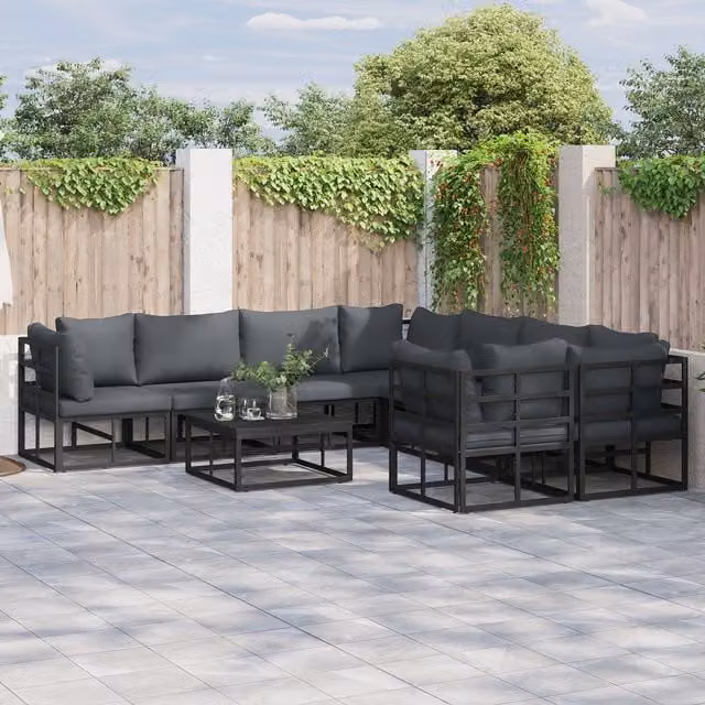 Berkfield Home 8 Piece L-Shape Garden Sofa Set in Black with Powder Coated Aluminium Frame, W/D/H: 283 x 283 x 71 cm – 1