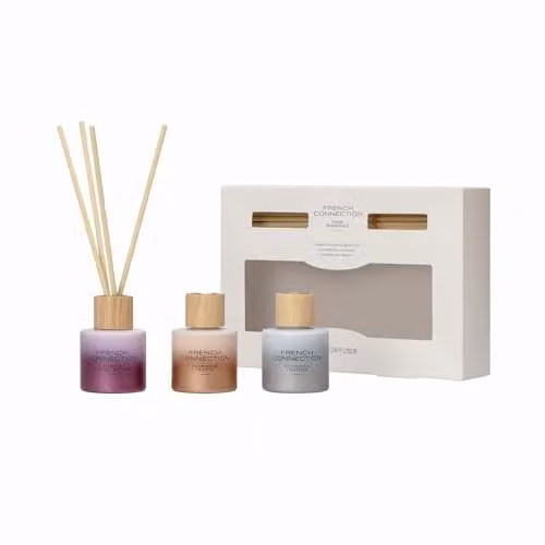 French Connection Scented Reed Diffuser Gift Set with Lavender, Peony and Truffle Fragrances, 3 x 50ml