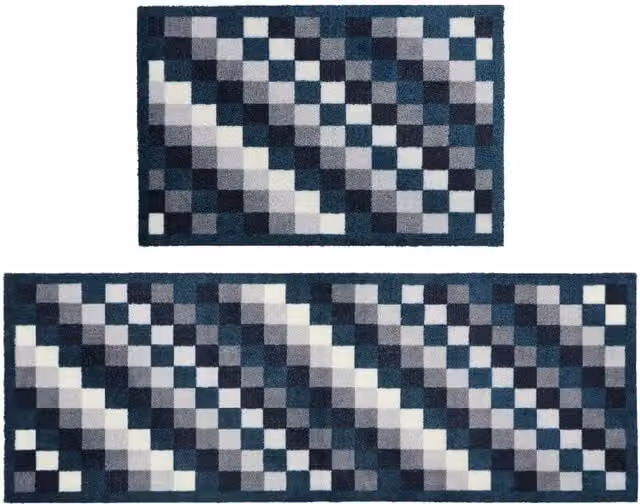 JVL Pixels Mega Mat and Runner Set, Multicolour (Black, Grey, Blue)