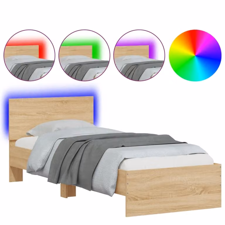 Berkfield Home Sonoma Oak Small Single Bed Frame with LED Lights and USB Charging Port, Brown, W: 75 cm, L: 190 cm