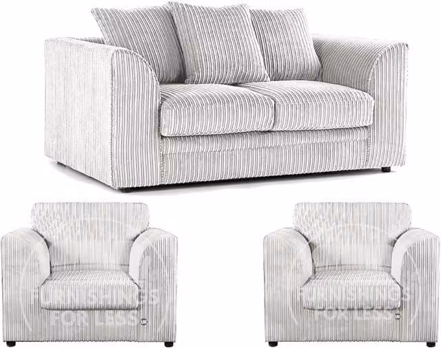 Furnishings For Less UK Luxor 3 Piece Sofa Suite in Silver Jumbo Cord Fabric with Scatter Cushions