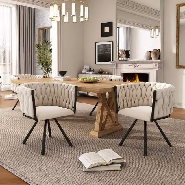 Matteo Set of 4 Beige Velvet Dining Chairs with 360 Degree Swivel and Metal Legs