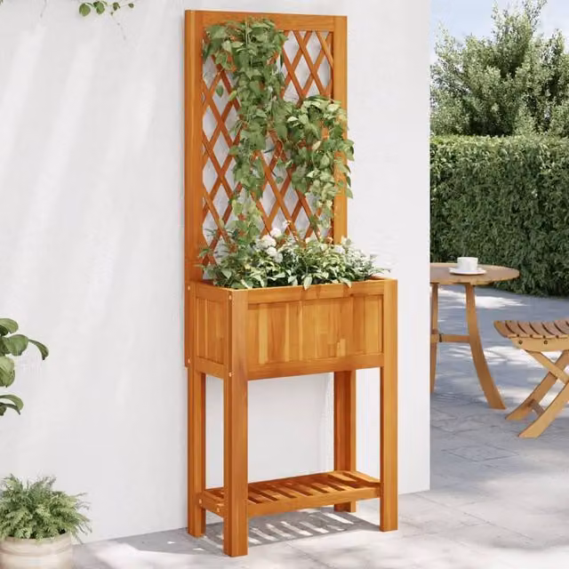 Berkfield Home Acacia Wood Planter with Trellis and Shelf, Brown, W/D/H: 55 x 29.5 x 152 cm – 1