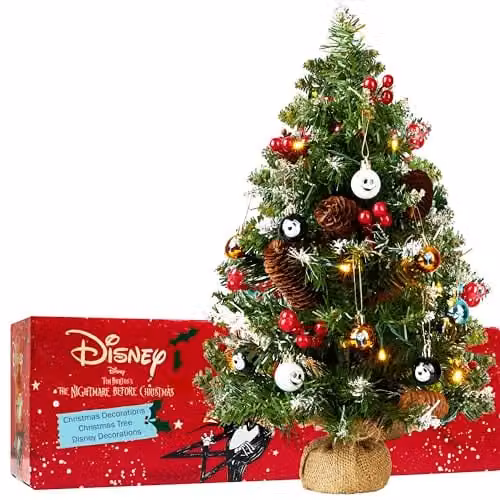 Disney Nightmare Before Christmas Tabletop Christmas Tree with 12 Baubles and LED White String Lights in Multi Colour
