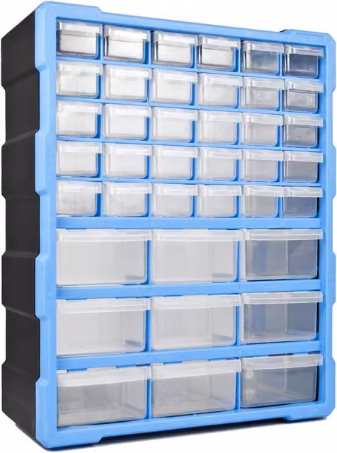 TekBox DIY Plastic Storage Organiser Unit with 39 Drawers, Blue