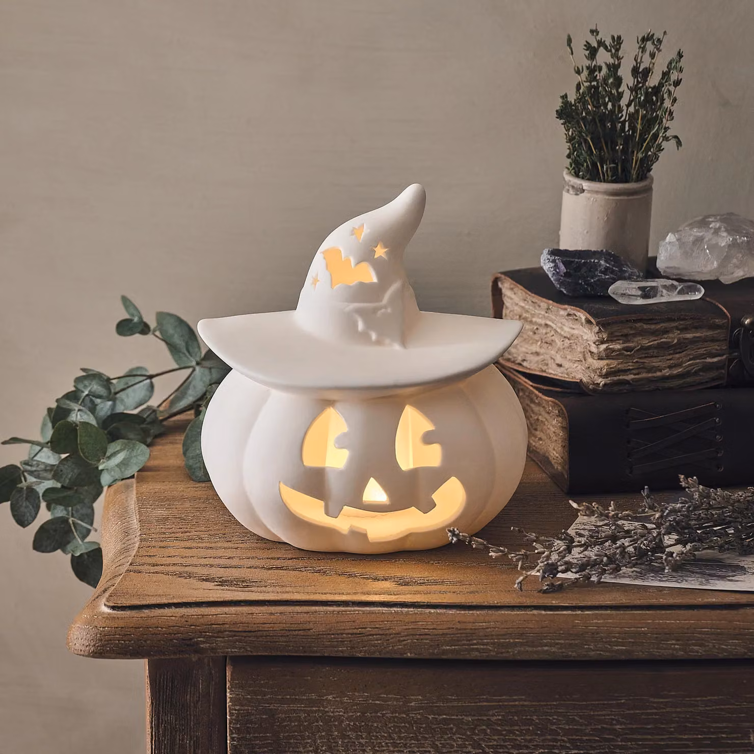 Lights4fun White Porcelain LED Halloween Pumpkin Tabletop Decoration