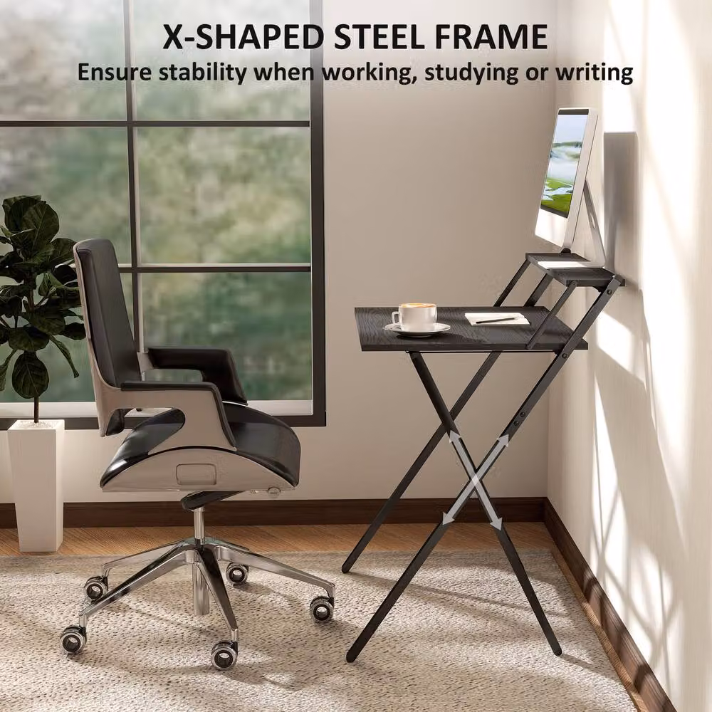 STILVORA Modern Black Metal Desk with Monitor Shelf and Folding Frame – 8