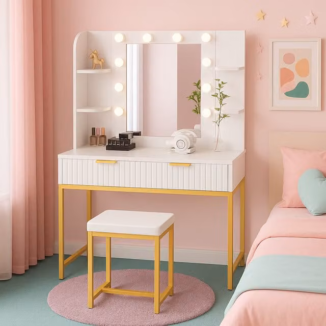 Kosy Koala Eva Dressing Table Set with Hollywood LED Mirror and Stool in White and Gold