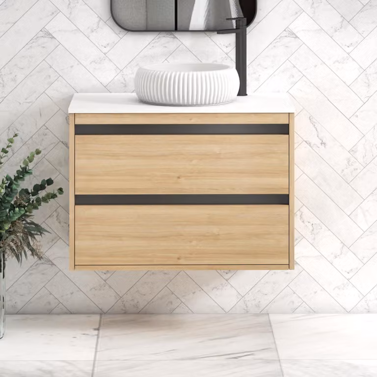 Royal Bathrooms Orion 800mm Wall Hung Vanity Unit in Natural Oak with Plain White Milan Basin and Black Accent Trim