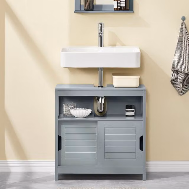 SoBuy Under-sink Bathroom Storage Cabinet with Double Sliding Doors, Grey, W: 60 cm, D: 30 cm, H: 61 cm