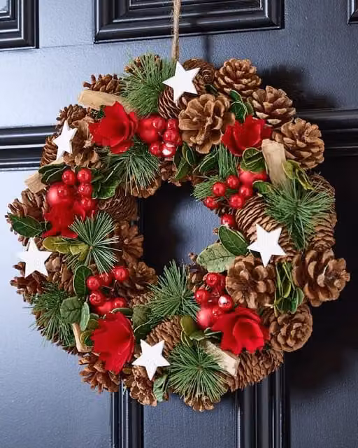 Dibor Vintage Starry Night Christmas Wreath with Stars and Flowers, Multicolour, Diameter: 35 cm