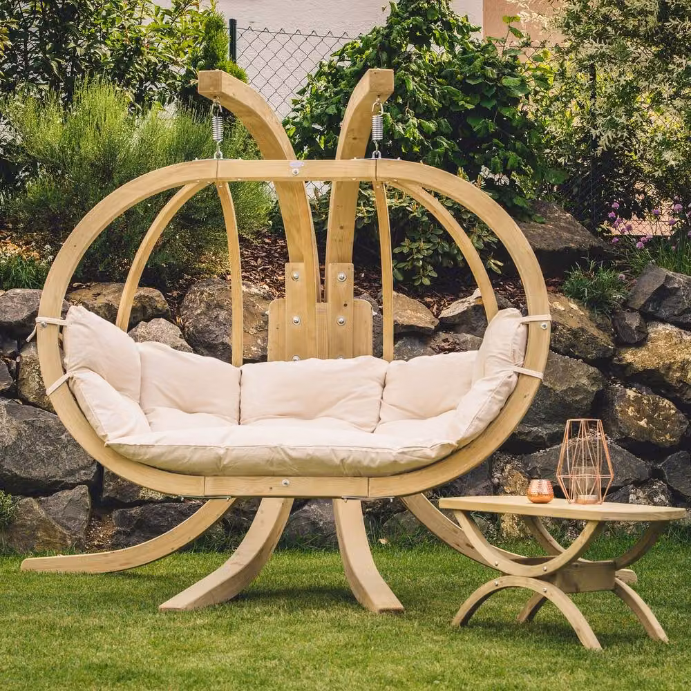Amazonas Globo Royal Double Hanging Egg Chair Set with Wooden Stand in Oliva, Green and Beige – 2