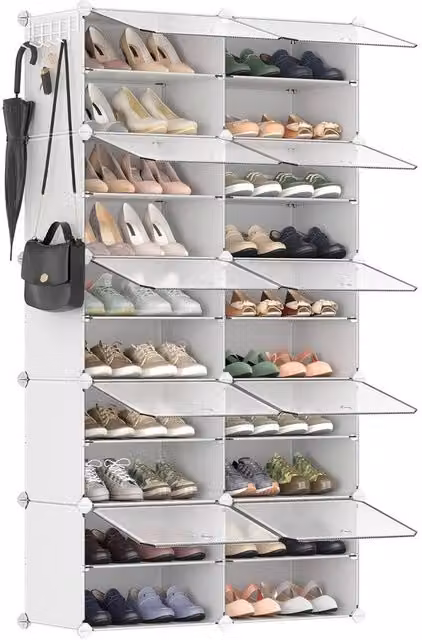 Kelvenix White Plastic and Metal Freestanding Shoe Storage Cabinet with Hinged Glass Doors