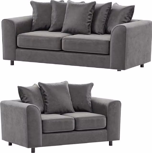 Furnishings For Less UK Brooklyn Plush Velvet and Foam Fabric Sofa Set, 3 and 2 Seater, Grey