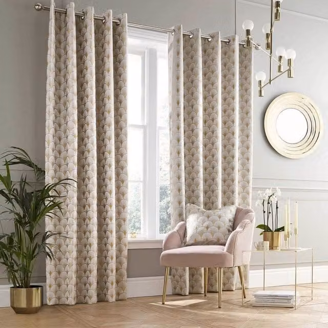 Terrys Art Deco Blackout Eyelet Curtains in Yellow and Silver with Thermal Insulation
