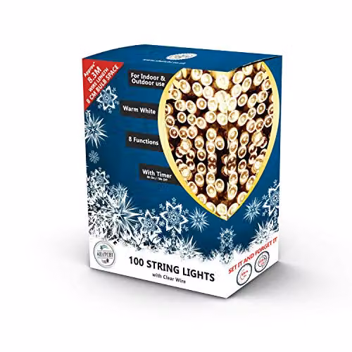 Shatchi 100 LED Cool White Waterproof String Fairy Lights with Timer, 10m – 3