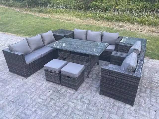 Fimous 10 Seater Rattan Garden Furniture Set with Dining Table, 2 Armchairs, 2 Side Tables and 2 Stools in Dark Grey