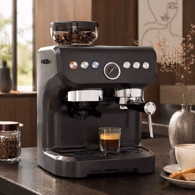 STILVORA 3-in-1 Coffee Machine with Grinder, Milk Frother and Hot Water Function in Black