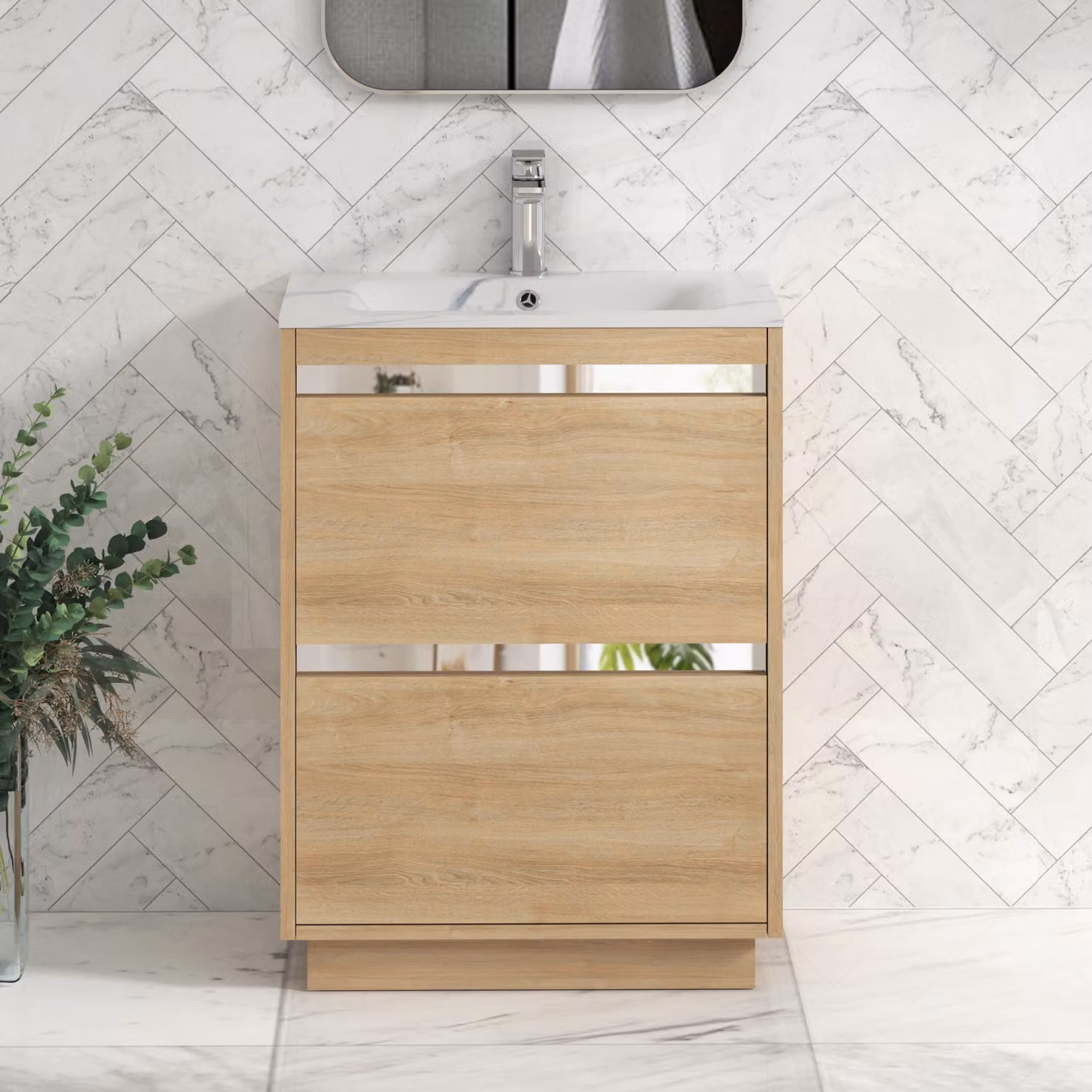 Royal Bathrooms Orion 600mm Floor Standing 2 Drawer Vanity Unit in Natural Oak with Carrara White Basin and Chrome Accent Trim