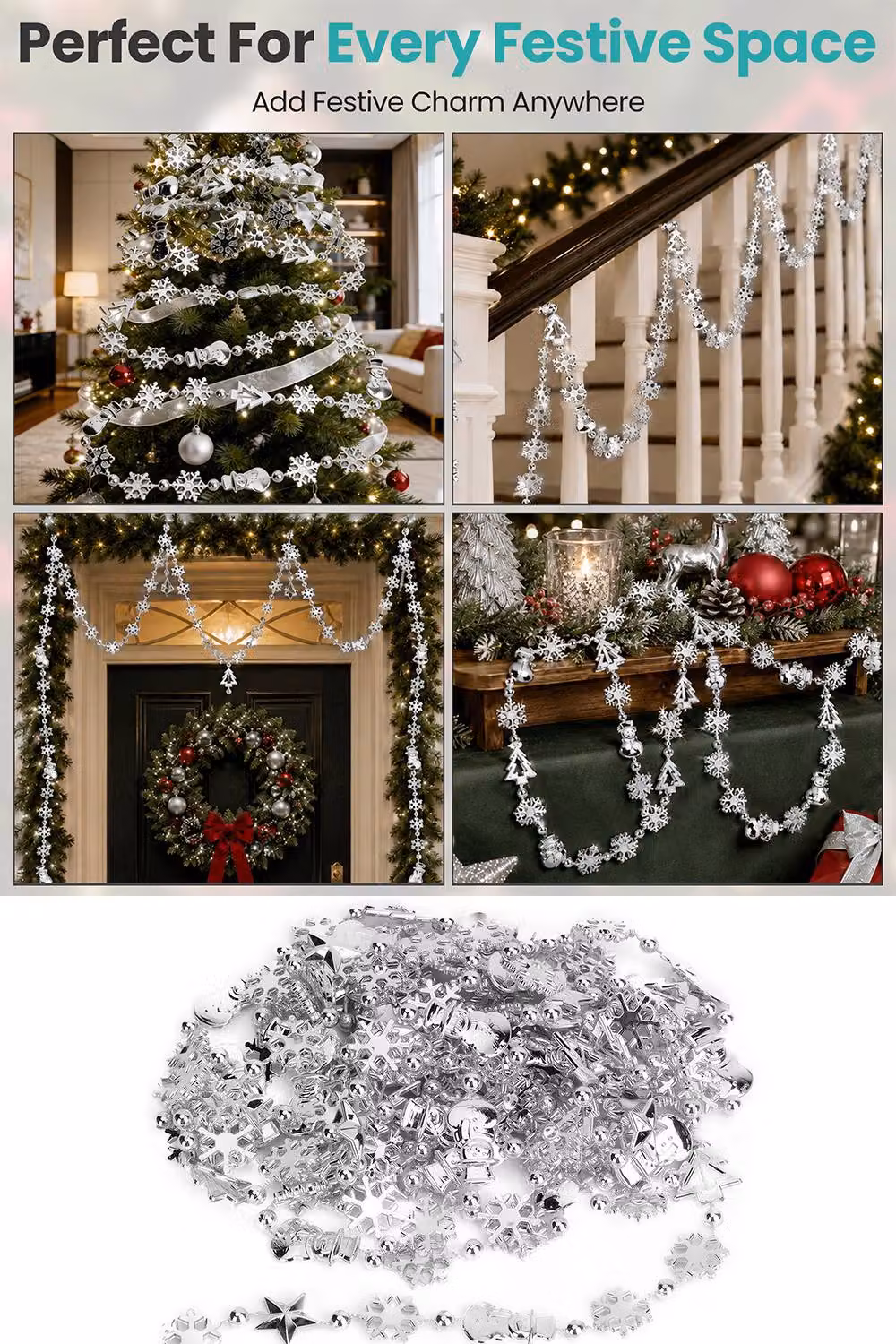 Neel Blue Christmas Bead Chain Garland with Silver Snowflake and Tree Motifs – 6
