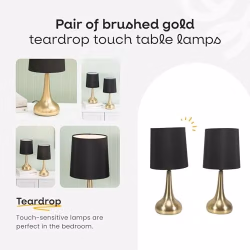 ValueLights Brushed Gold Teardrop Touch Dimmer Table Lamp with Black Fabric Shade and Bulb Included – 2