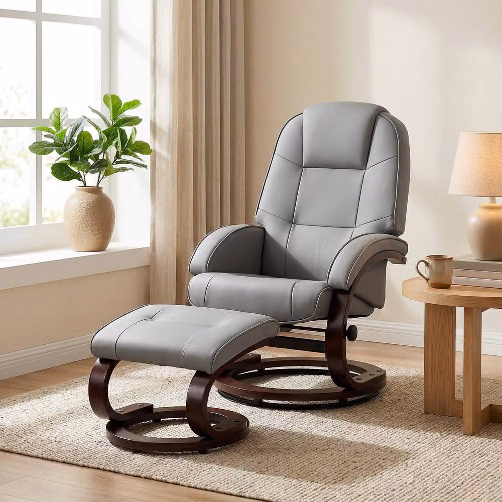 STILVORA Grey Swivel Recliner Armchair with Ottoman and Solid Wood Frame – 2