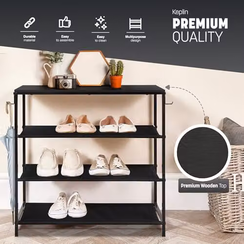 Keplin 4-Tier Rustic Wood and Metal Shoe Rack in Black and Brown, W/D/H: 75 x 30 x 71 cm – 3