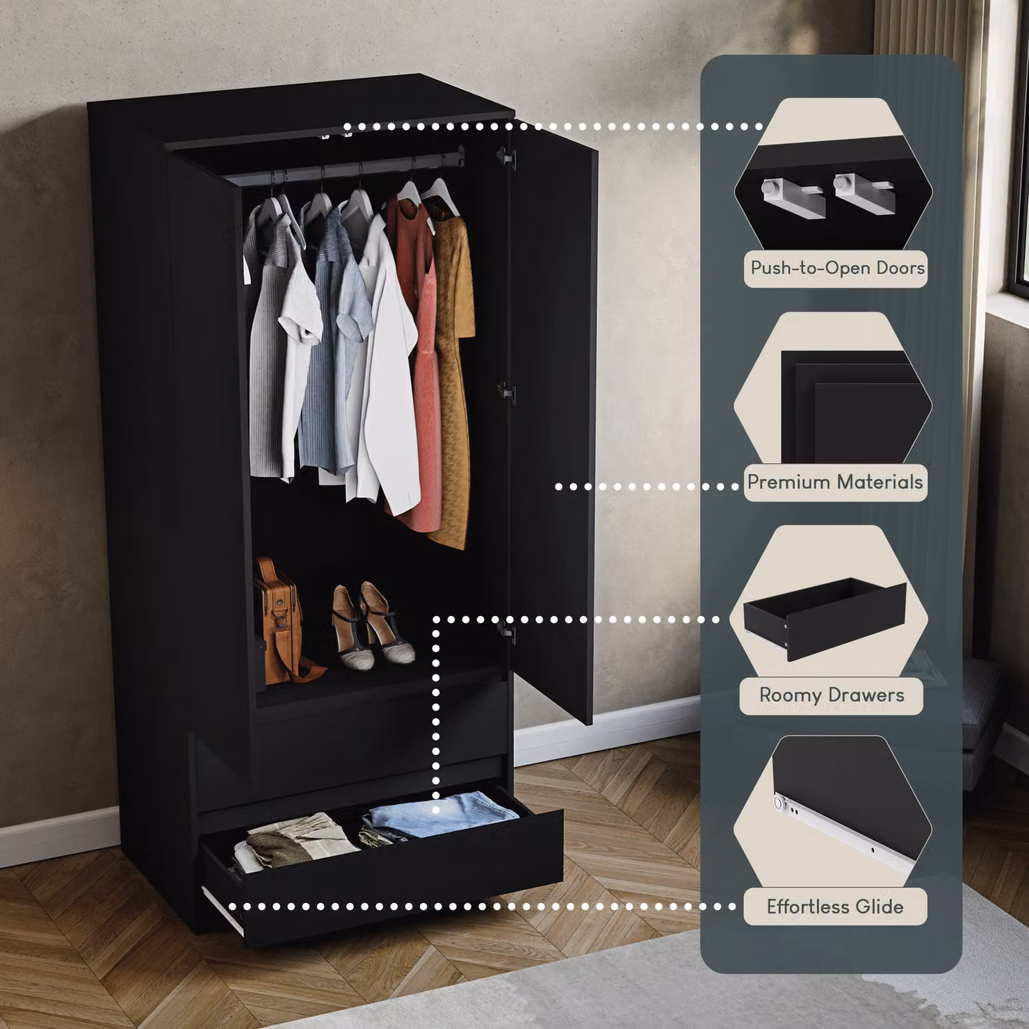 Vida Designs Denver 2 Door Wardrobe with Drawers in Matt Black MDF – 3