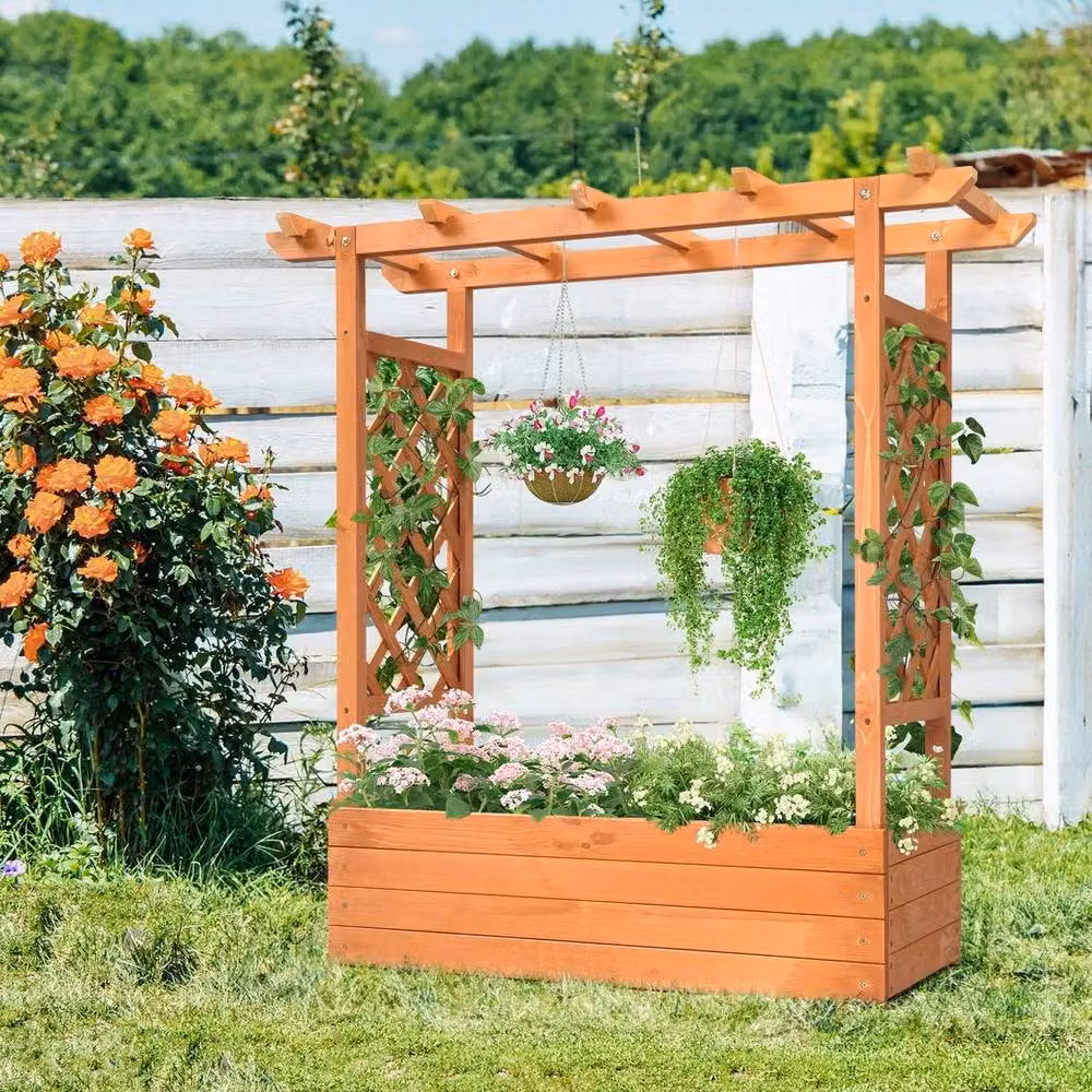 Kelvenix Wooden Outdoor Raised Garden Bed with Trellis in Brown – 4