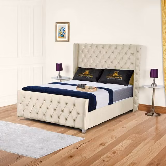 UK Bed Furniture Windsor Wingback Gas Lift Storage Upholstered Bed in Beige, W/D/H: 90 x 200 cm – 1