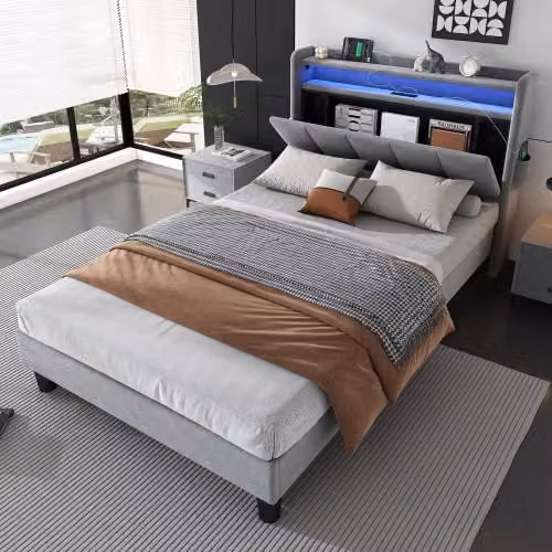 Matteo Grey Velvet Upholstered Single Bed with Under-Bed LED Lighting and USB Charging Ports, W/D/H: 190 x 90 x 107 cm