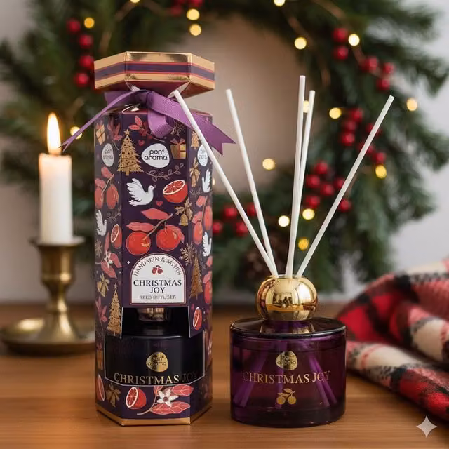 Pan Aroma Xmas Joy Christmas Reed Diffuser with Mandarin and Myrrh Fragrance, 100ml, Purple