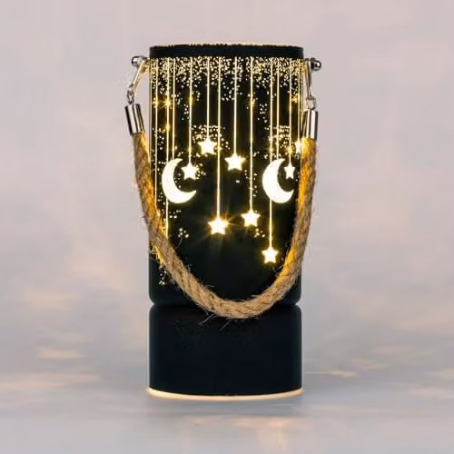 Shatchi Black and Gold Christmas Decorated LED Glass Lantern Vase with Moon and Stars Design, Height: 22 cm