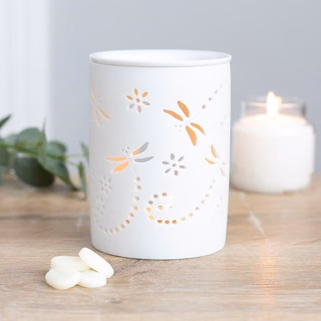 Gloriously Good White Ceramic Dragonfly Aromatherapy Tabletop Burner