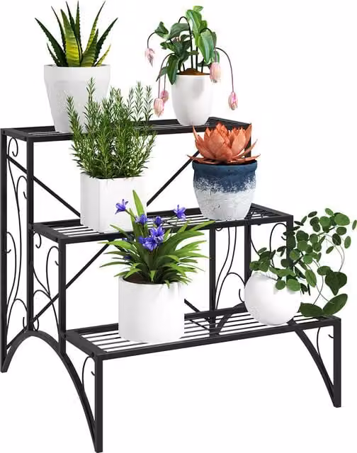 Outsunny 3-Tier Vintage Metal Ladder Plant Stand, Black Flower Pot Holder for Indoor and Outdoor Use, W/D/H: 60 x 60 x 60 cm – 1