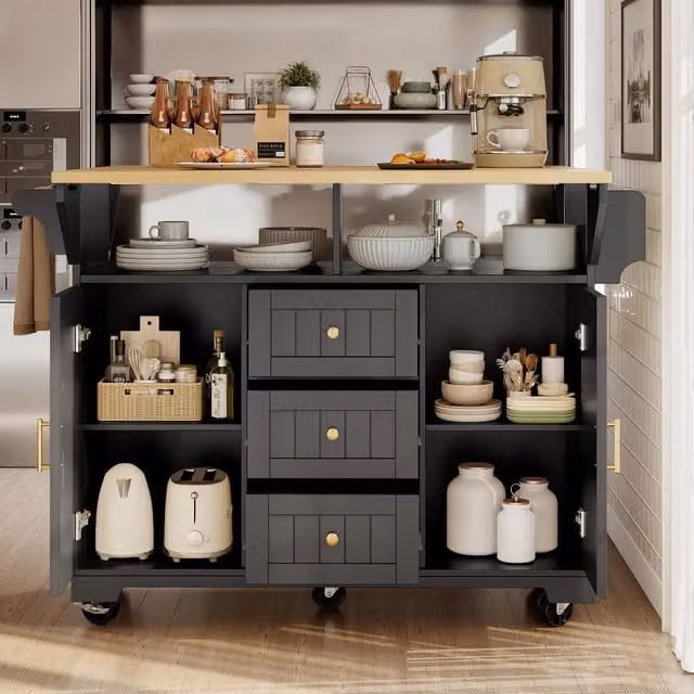 Aosom UK Extendable Kitchen Island Trolley Cabinet with 3 Drawers and Adjustable Shelves, Black, W: 40-80 cm, D: 120 cm, H: 95 cm – 1