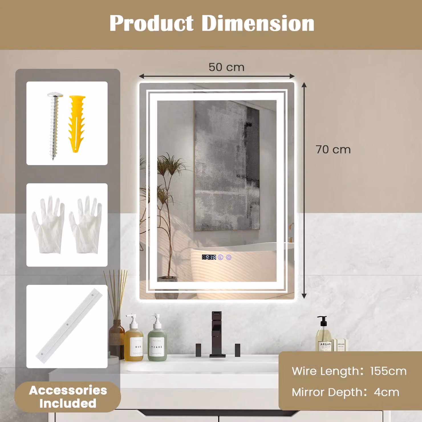 Costway Dimmable LED Bathroom Vanity Wall Mirror in Silver with Anti-Fog and 3 Colour Settings (3000-6500K) – 5