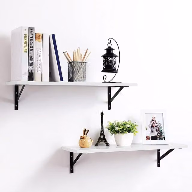 SONGMICS Set of 2 High Gloss White Floating Wall Shelves in Wood and Metal