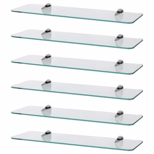 Harbour Housewares 6x Wall-Mounted Rounded Floating Glass Bathroom Shelves in Transparent and Silver, W: 50 cm, D: 13 cm, H: 6 cm
