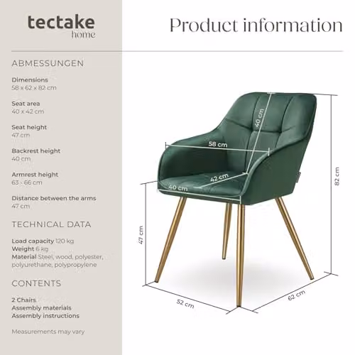 tectake Marilyn Set of 2 Dining Chairs with Velvet Fabric and Gold Metal Legs in Dark Green/Gold – 3