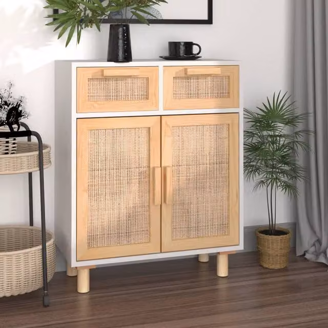 Berkfield Home White Sideboard in Solid Pine and Natural Rattan, W/D/H: 60 x 30 x 75 cm