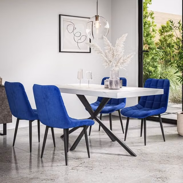 More4Homes Donni Dining Table and Set of 4 Nova Blue Velvet Chairs with White Marble Effect Top and Black Legs, W/D/H: 160 x 80 x 76 cm – 1
