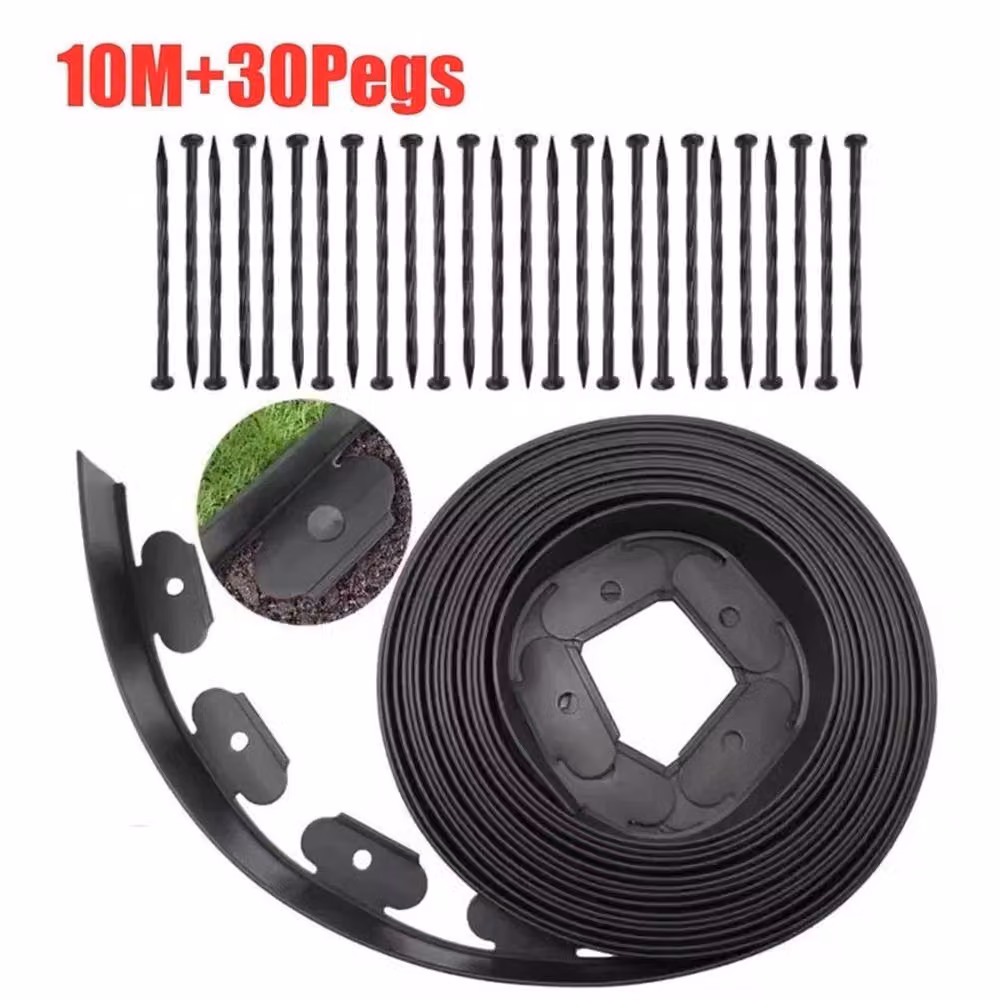 VOGREX Black Garden Border Edging for Grass Lawns and Paths with Plastic Pegs – 3