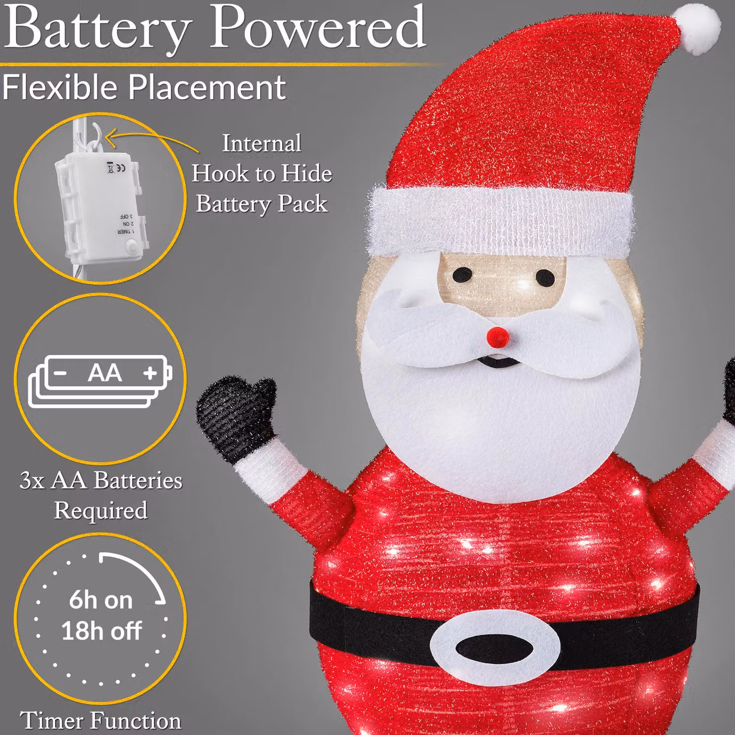 Christow Pop Up LED Christmas Santa Decoration, Multicolour, W/D/H: 30 x 30 x 70 cm – 2