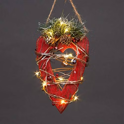Shatchi Red and Green Wooden Heart LED Tabletop Christmas Decoration W/D/H: 12 x 12 x 19 cm – 1