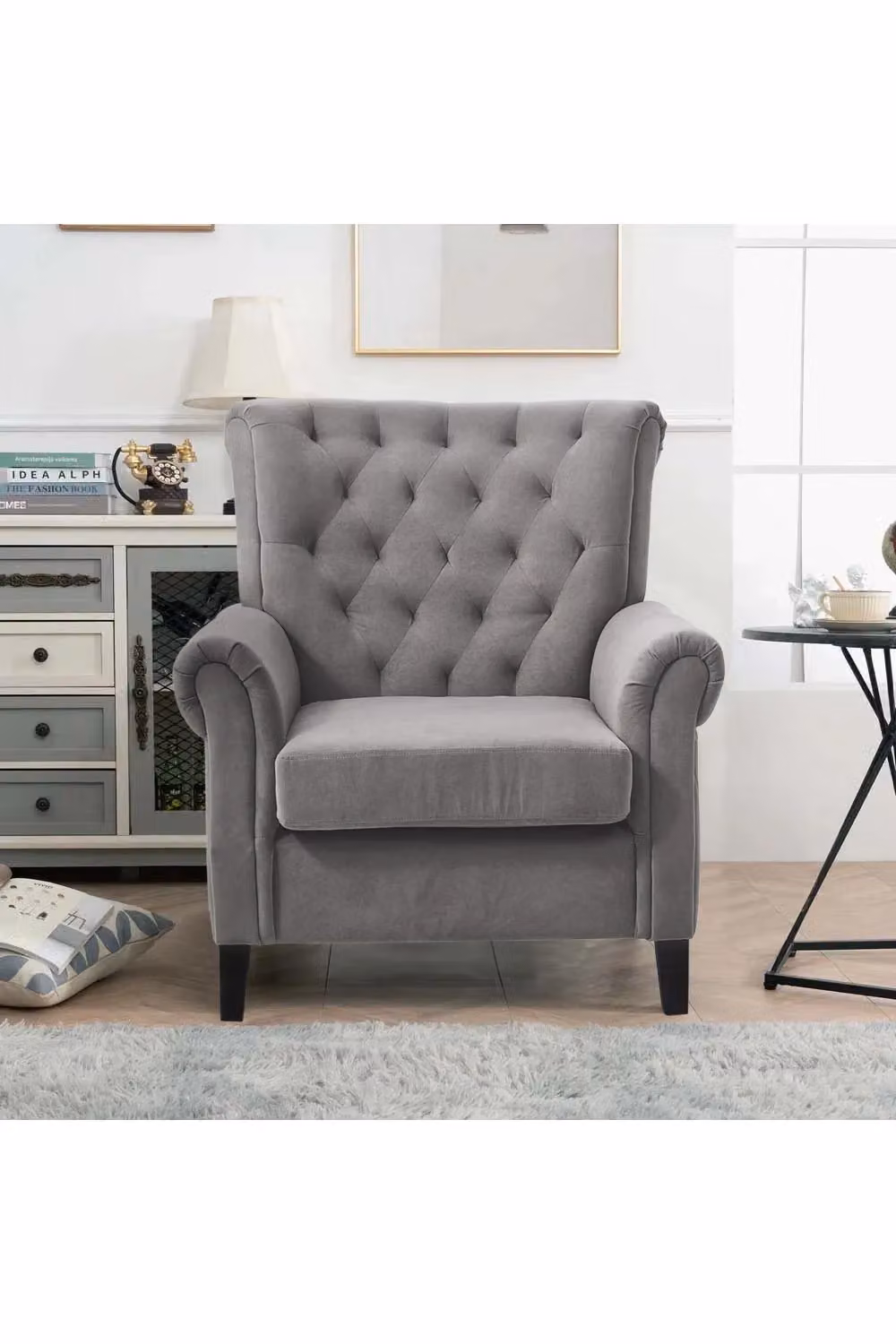 Living and Home Grey Velvet Tufted Wingback Armchair with Oak Wood Frame – 2