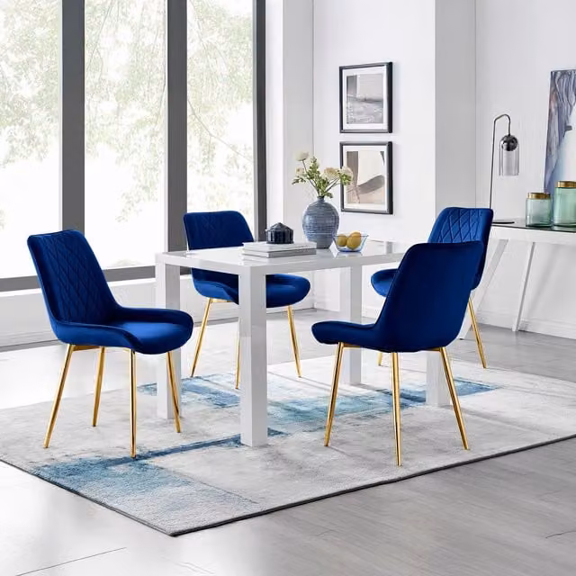 FurnitureboxUK Pivero 4 White Rectangular Dining Table and 4 Pesaro Gold Leg Chairs in Navy Blue