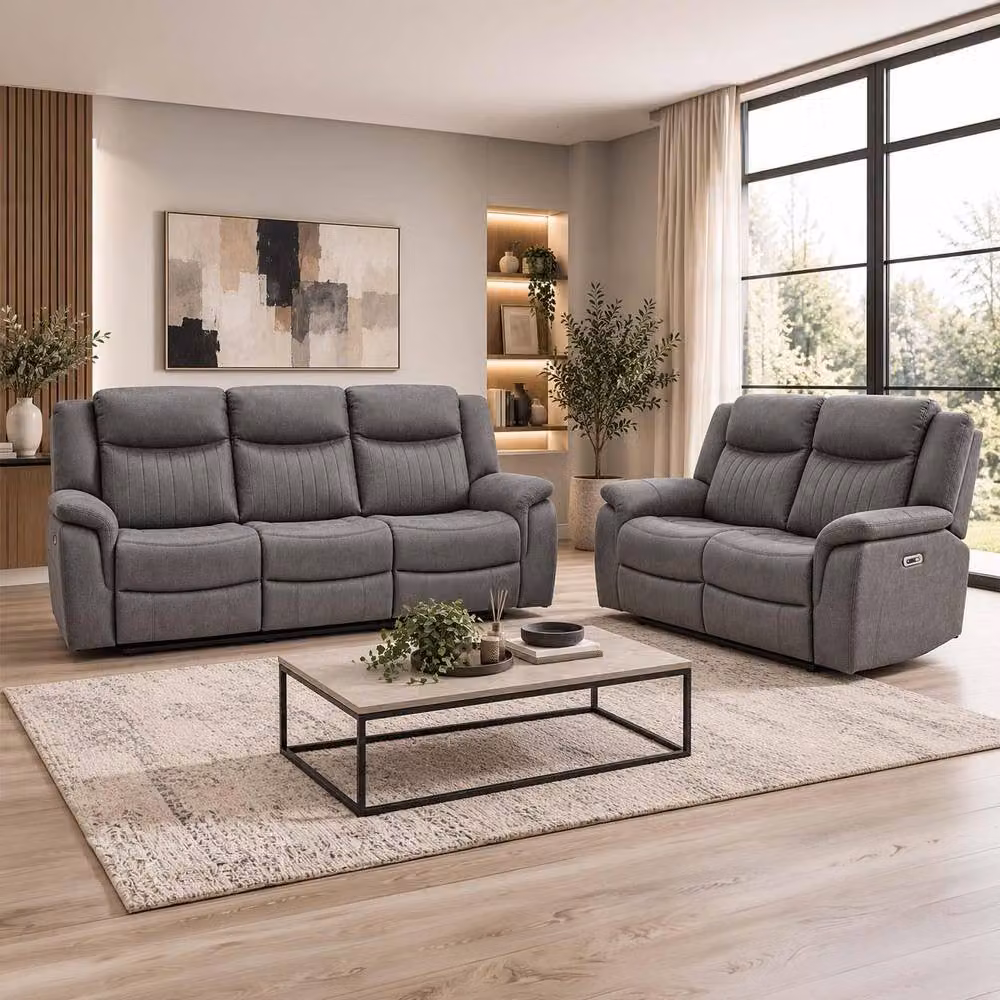 Furnishings For Less UK Lennox Grey Tech Fabric 3 + 2 Sofa Suite with Electric Recliner, USB Charging and Cup Holders – 4